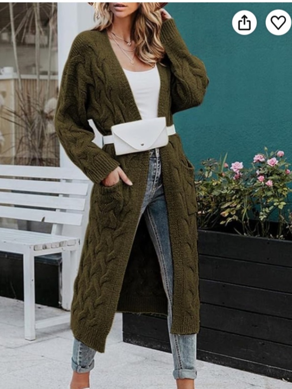 Amazon Olive Green Long Cable Knit Open-Front Cardigan